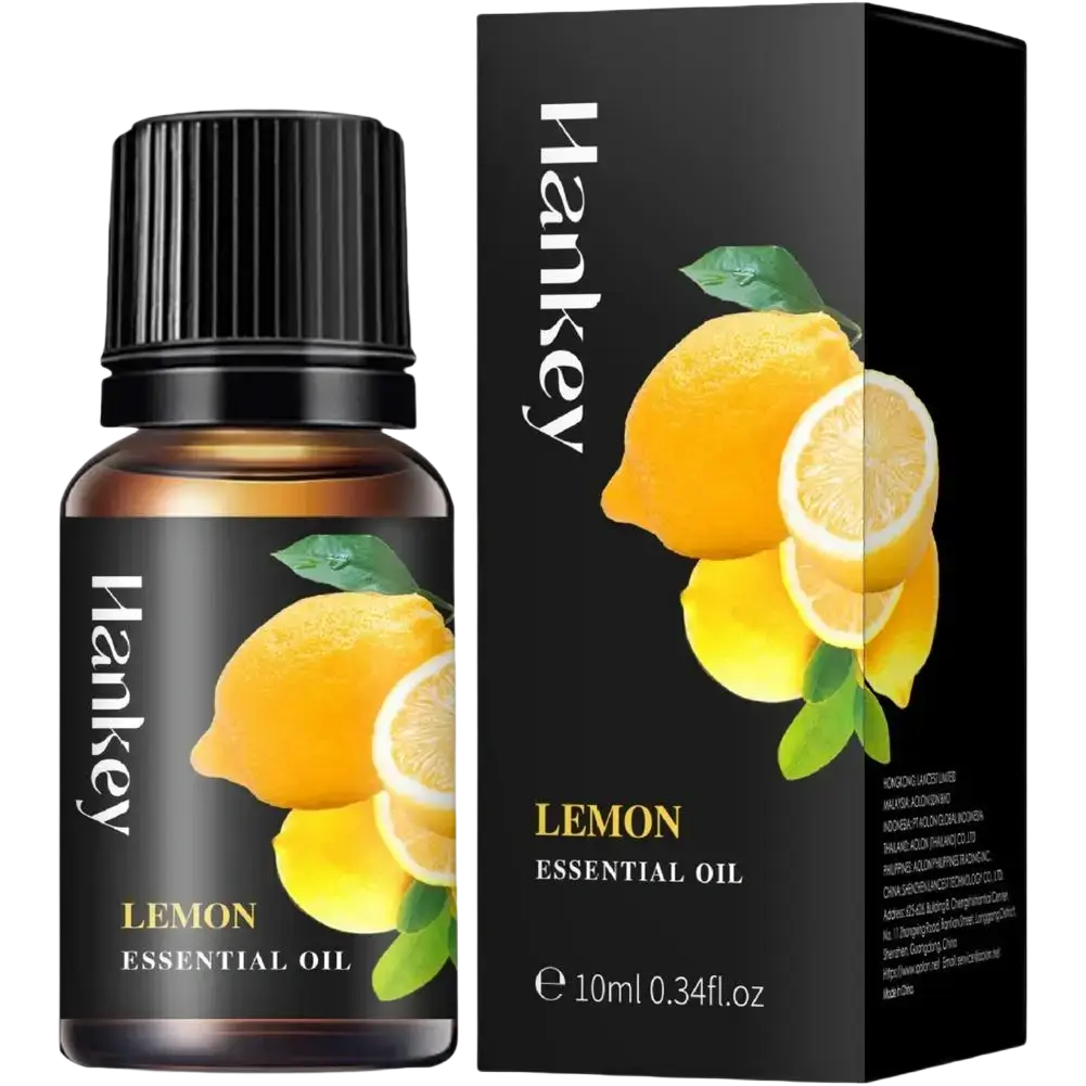 Hankey essential oil lemon 10ml in dark amber glass with black cap and matching box for aromatherapy and aroma diffusers
