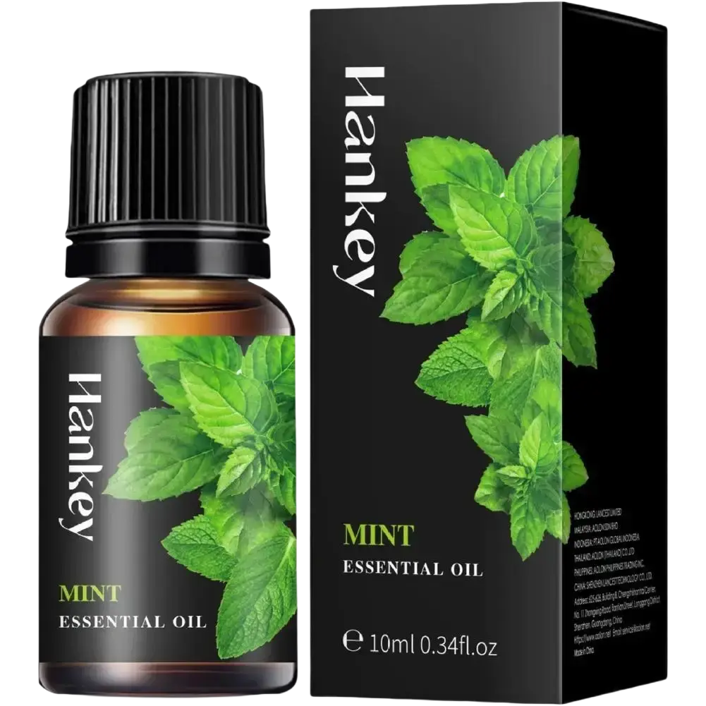 Hankey essential oil in dark amber glass bottle with black cap and green mint packaging for aroma diffusers stress relief