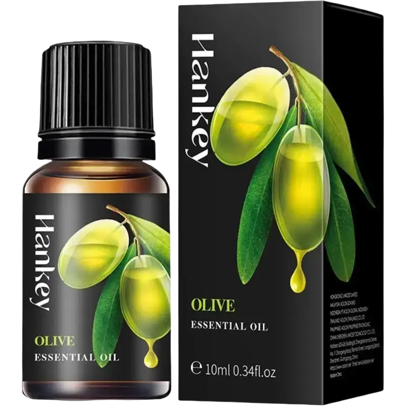 Hankey olive essential oil in dark amber glass bottle with black cap and packaging for aroma diffusers and stress relief