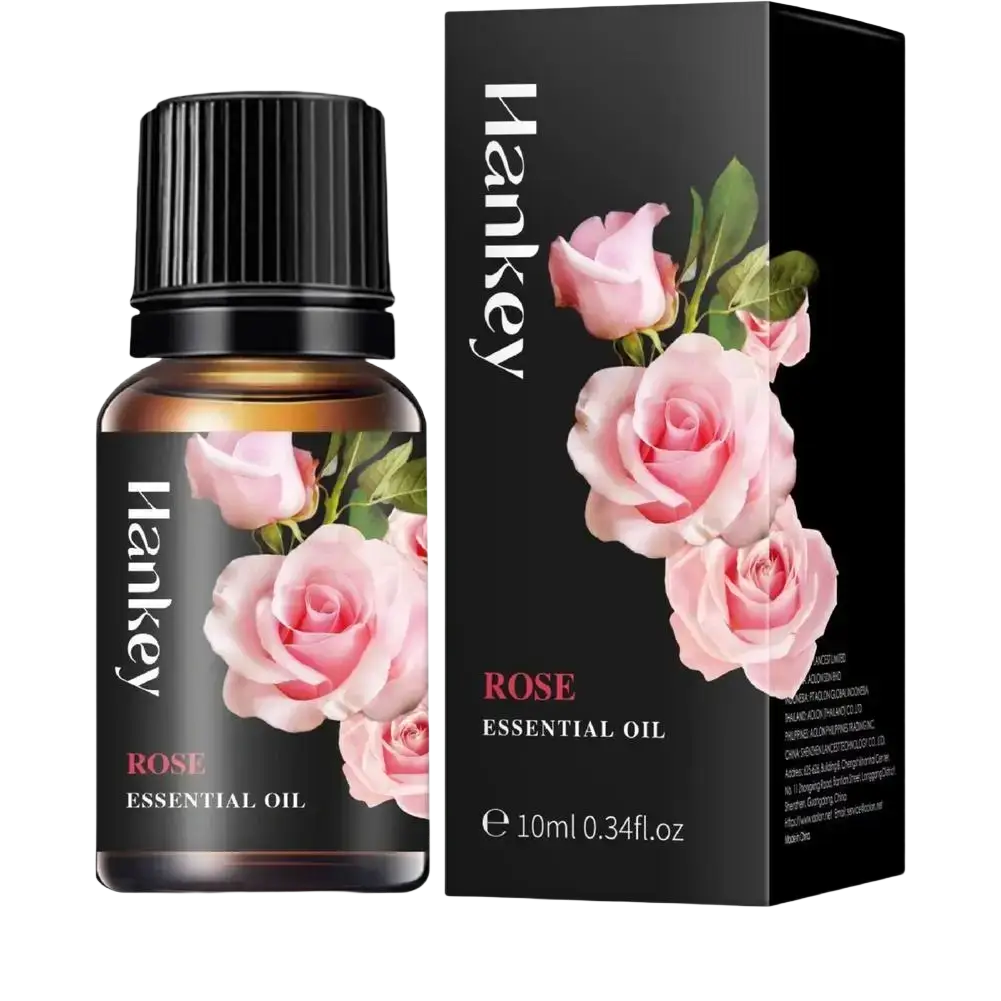 Hankey essential oil rose in a dark amber glass bottle with black cap and pink rose box for aroma diffusers 10ml
