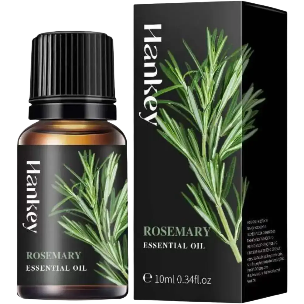 Hankey rosemary essential oil 10ml in amber glass bottle with black cap and packaging for aromatherapy and aroma diffusers