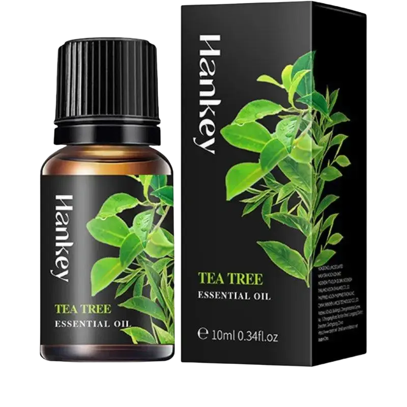 Hankey tea tree essential oil in a dark amber glass bottle with black cap and green leaf packaging for aroma diffusers