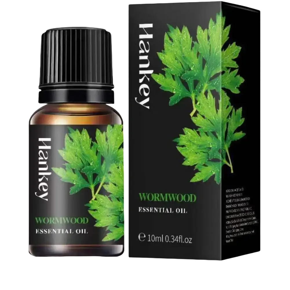 Hankey wormwood essential oil 10ml in dark amber glass bottle with black cap and green leaf packaging for aroma diffusers