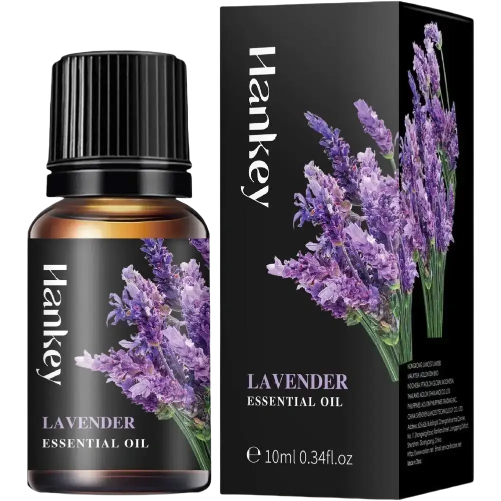 Hankey lavender essential oil in a 10ml dark amber glass bottle with black packaging for aroma diffusers and stress relief