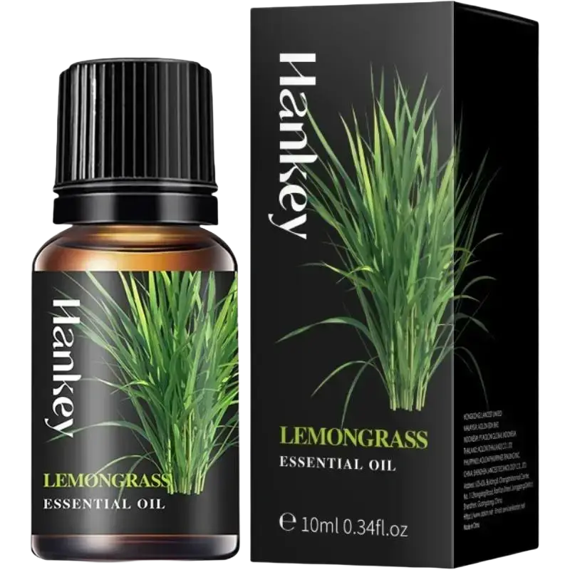 Hankey lemongrass essential oil 10ml amber glass bottle with black cap and green packaging for aroma diffusers and stress relief