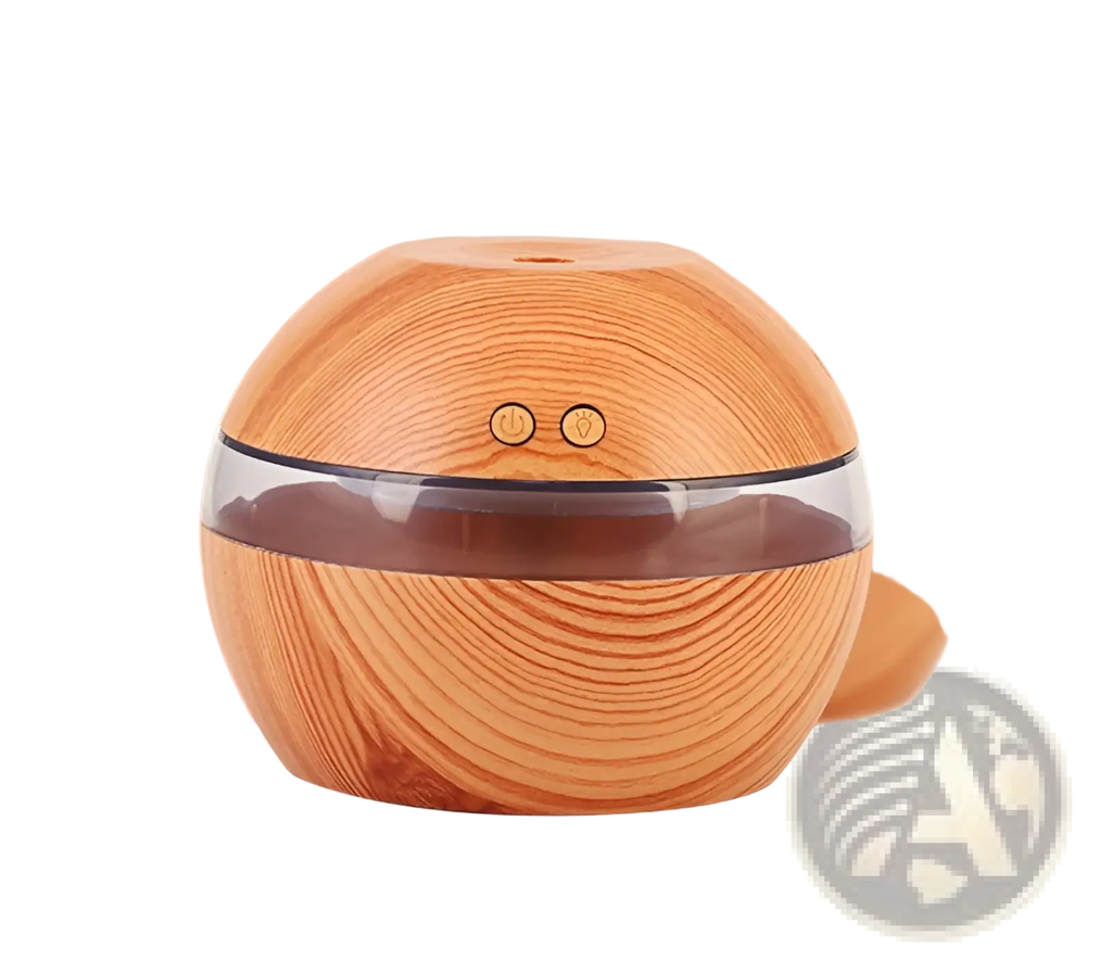 Essential oil diffuser 300ml usb wood grain humidifier with spherical wood finish, transparent reservoir, and two buttons