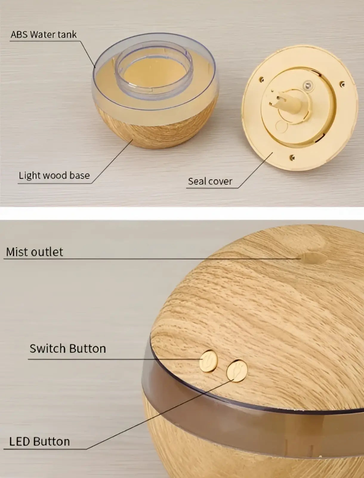 Essential oil diffuser 300ml usb wood grain humidifier with round wooden body clear abs tank and gold seal cover with led buttons