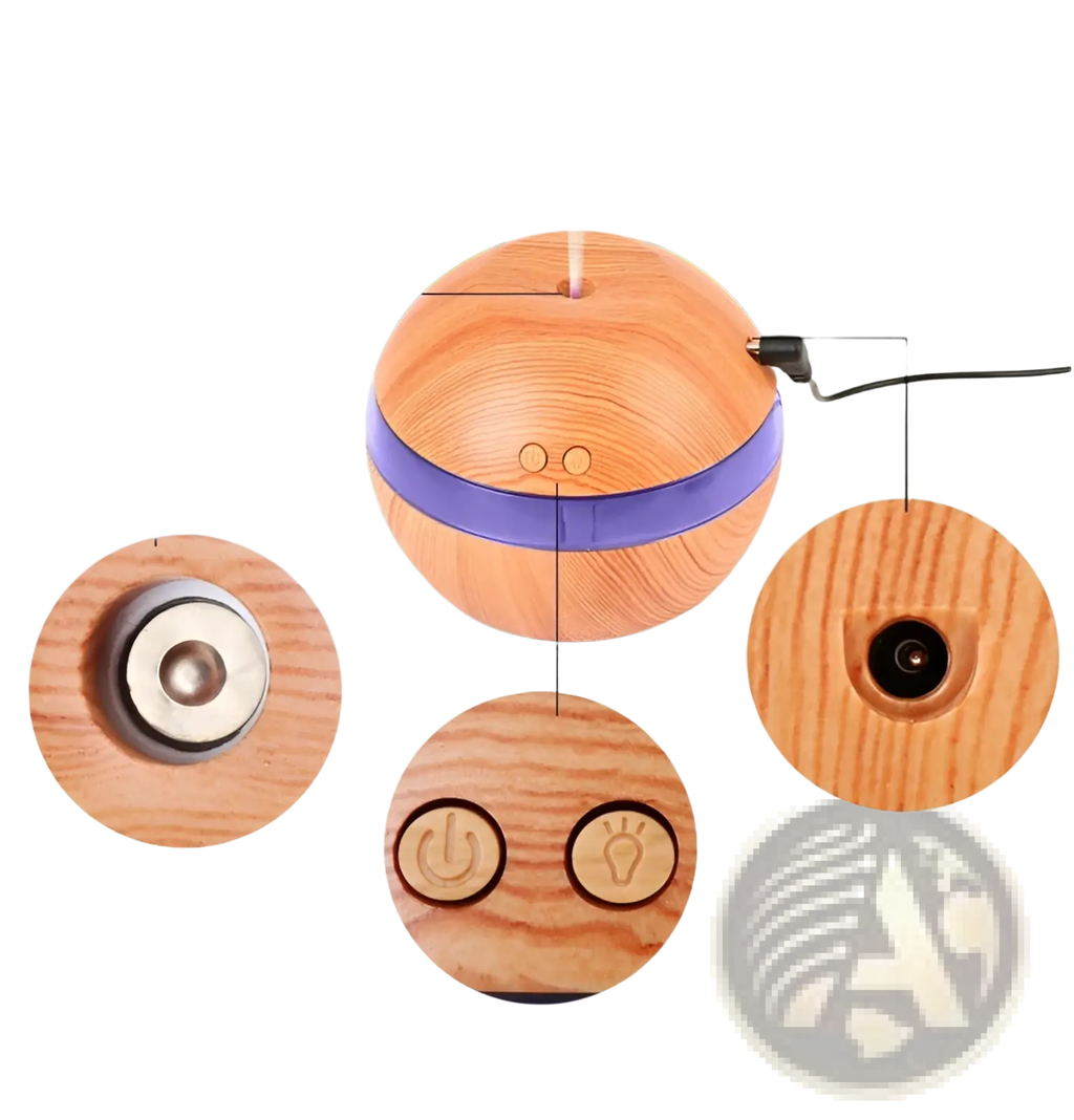 Essential oil diffuser 300ml usb wood grain humidifier with wooden sphere, purple accent band, and engraved control buttons