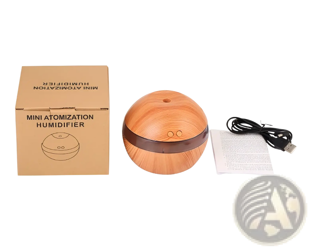 Wooden spherical essential oil diffuser 300ml usb wood grain humidifier with dark brown band and two circular buttons