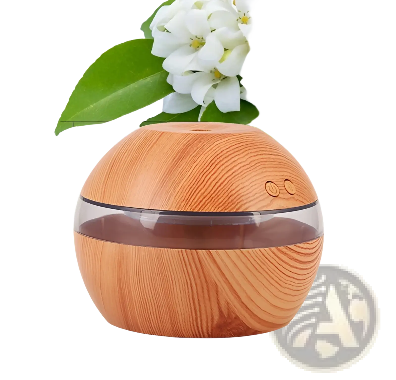 Wood grain finished spherical essential oil diffuser with transparent reservoir and two circular control buttons usb powered
