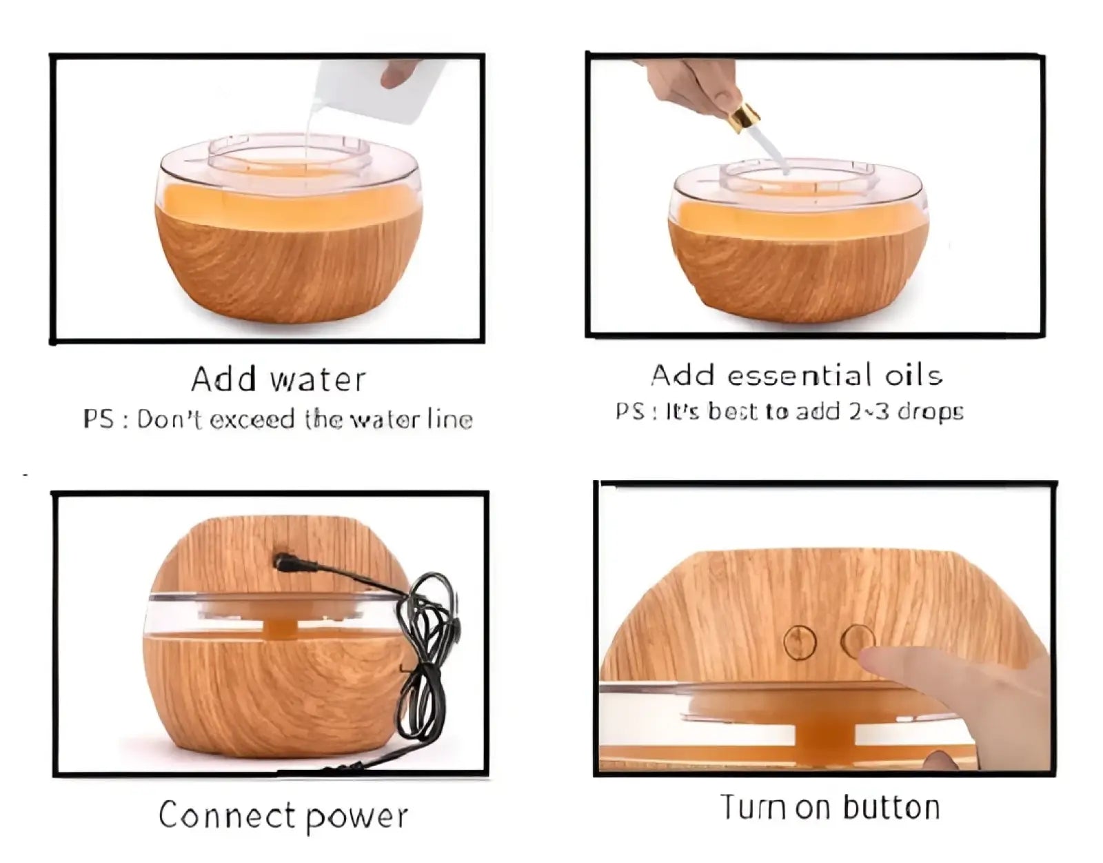 Essential oil diffuser 300ml usb wood grain humidifier with clear glass top and base in sleek rounded design