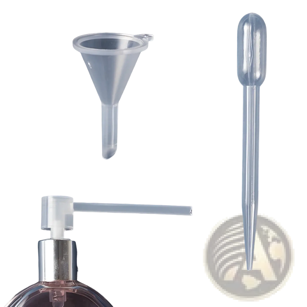 Essential oil dispenser tool set with clear plastic mini funnels dropper and a silver pump dispenser bottle visible below