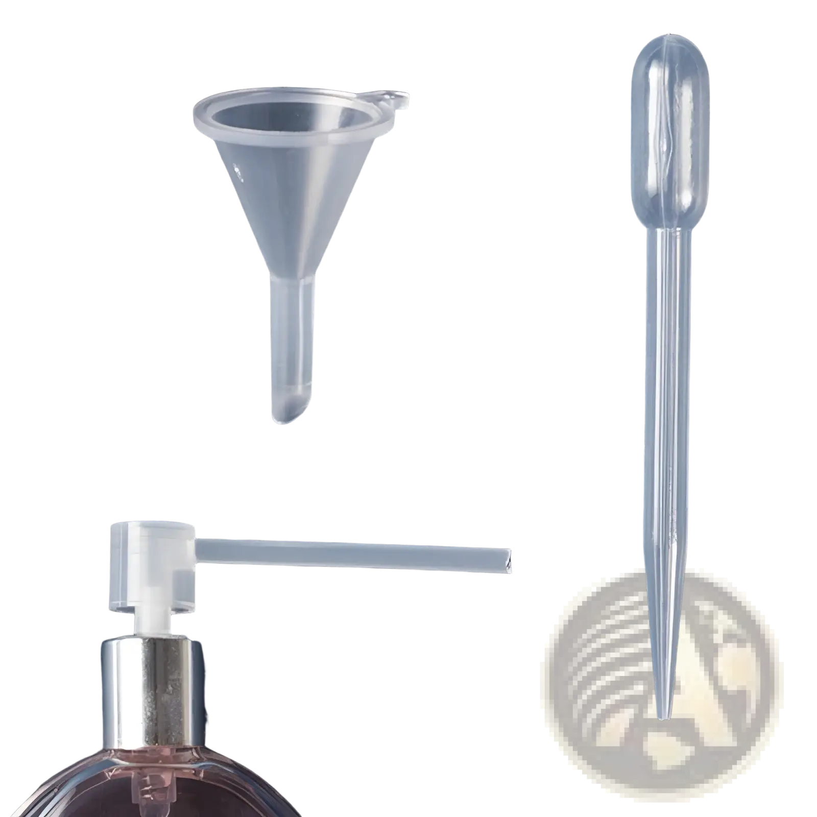 Essential oil dispenser tool set with clear plastic mini funnels dropper and a silver pump dispenser bottle visible below
