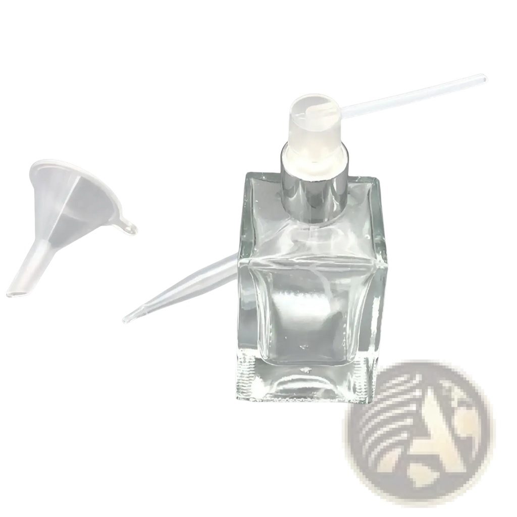 Clear glass square perfume bottle with silver spray pump and white nozzle from essential oil dispenser tool set 3pcs mini funnels