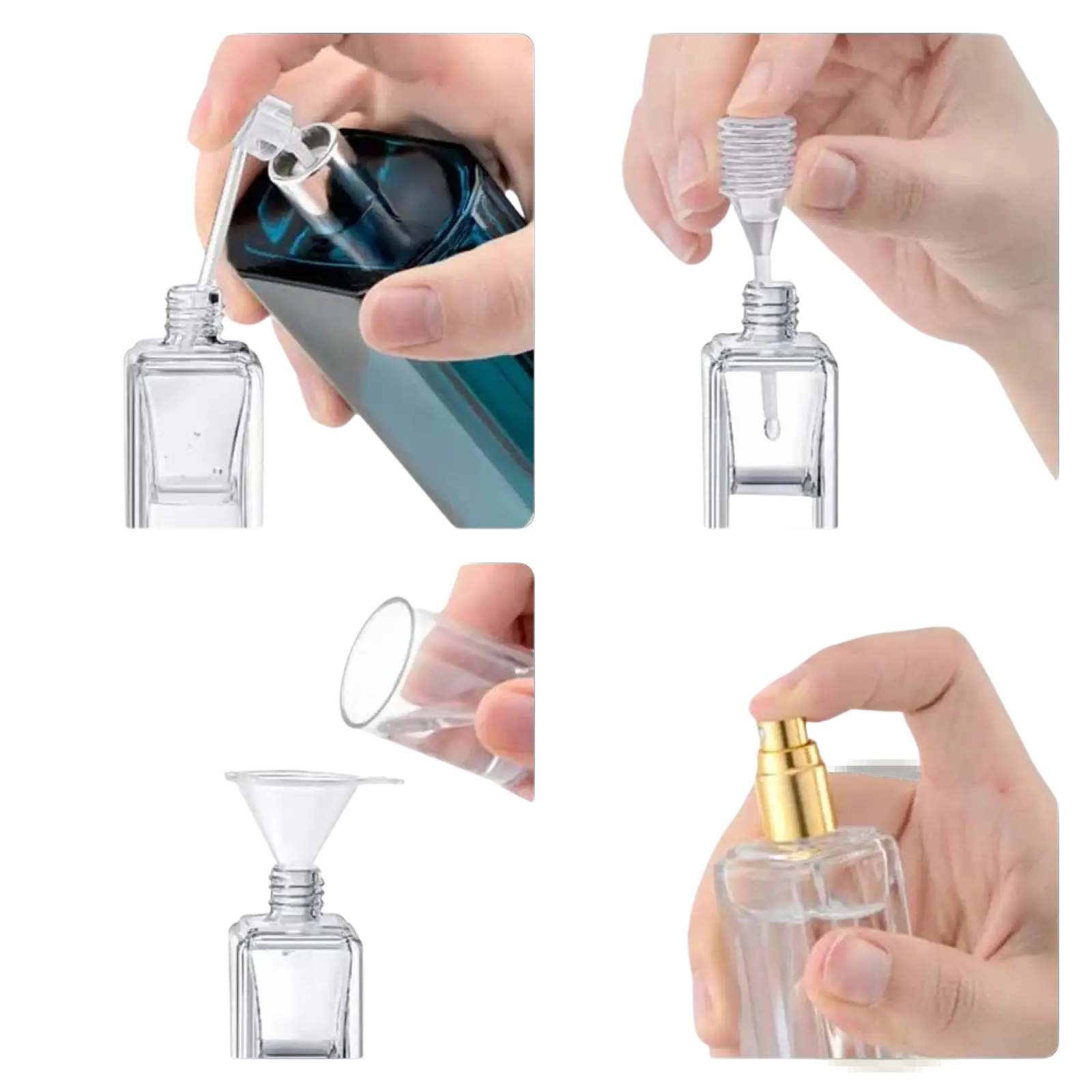 Clear glass perfume bottle with gold-tone spray nozzle included in essential oil dispenser tool set 3pcs mini funnels