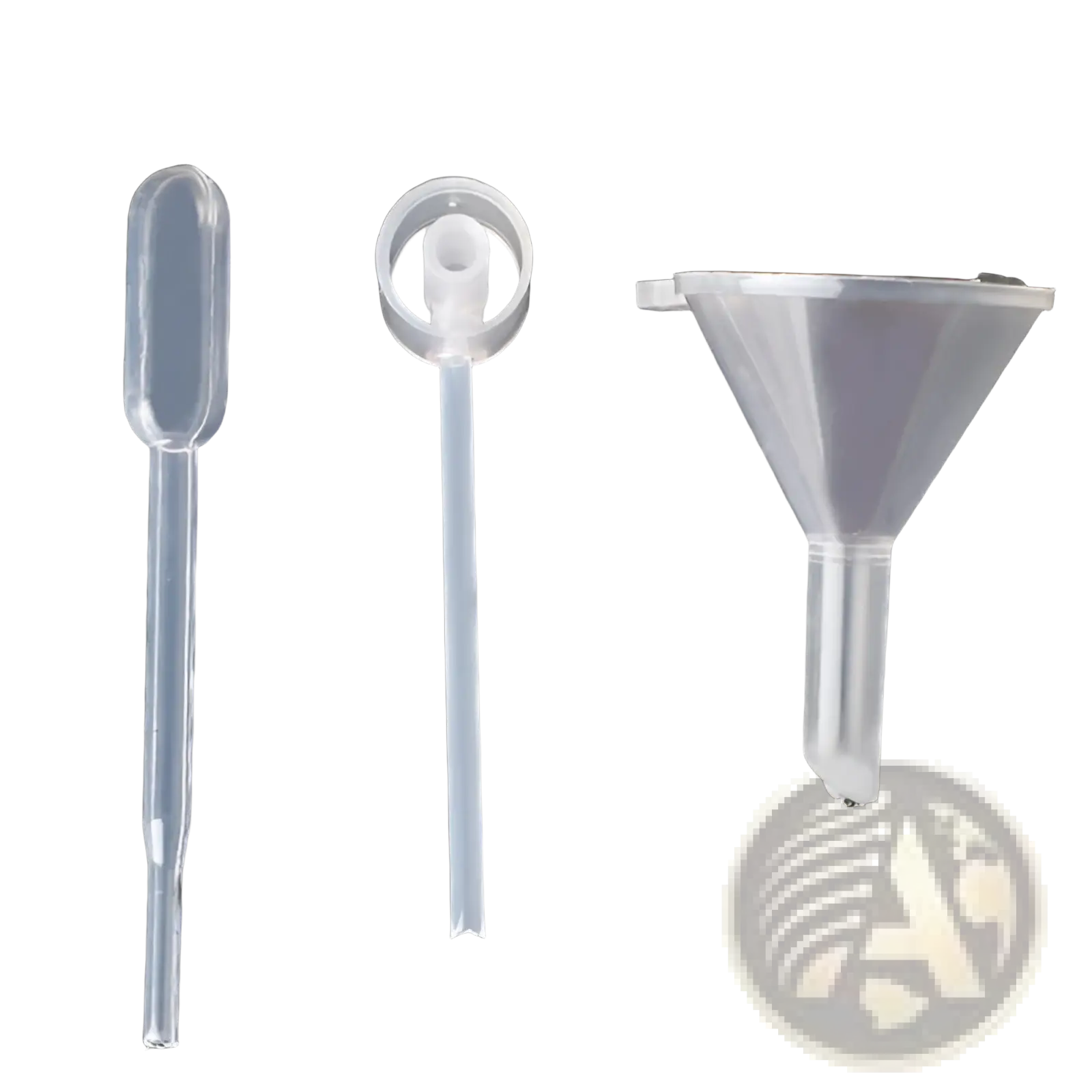 Clear plastic essential oil dispenser tool set with dropper pipette bulb and mini funnels for precise pouring