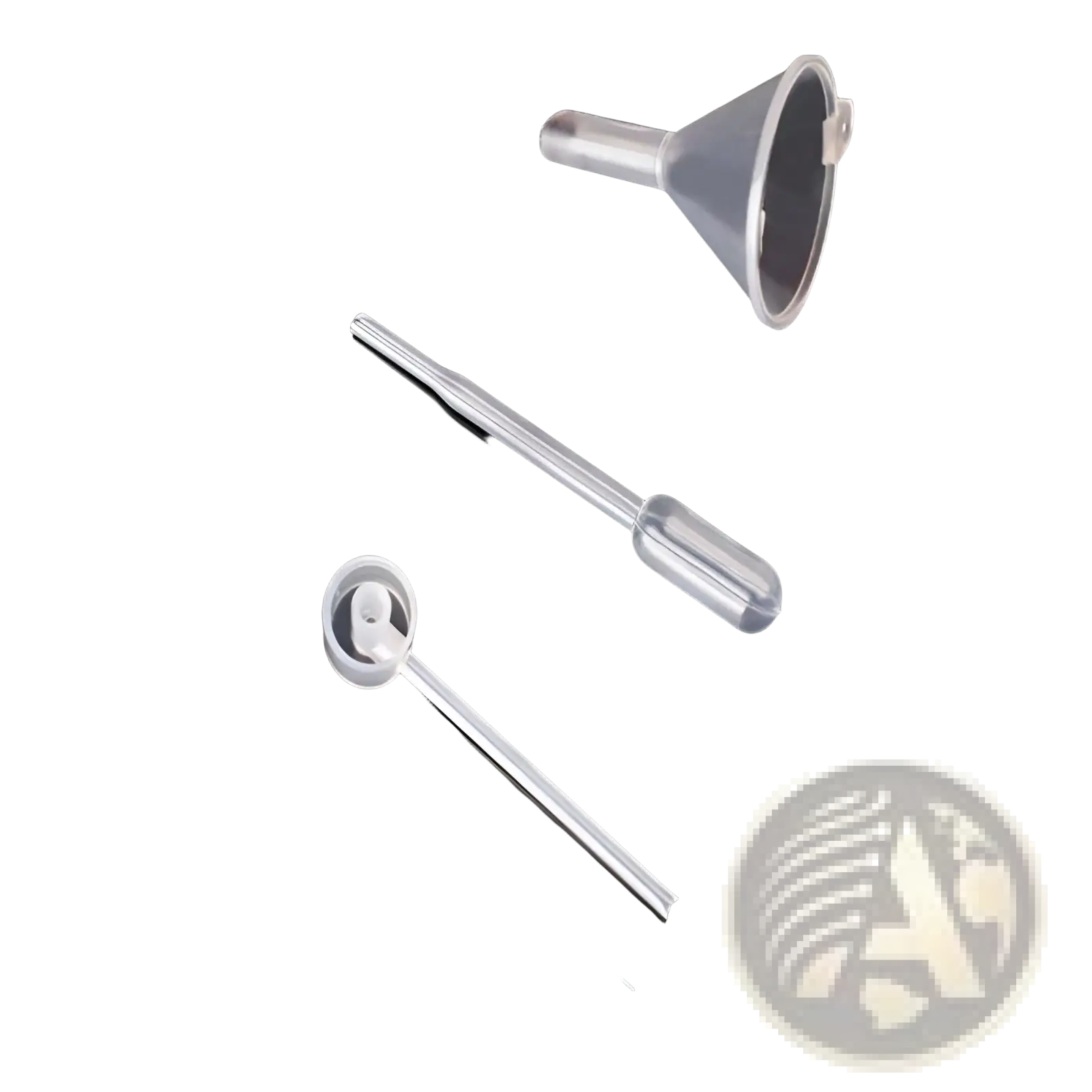 Transparent plastic essential oil dispenser tool set with 3 mini funnels and pipette with measurement markings