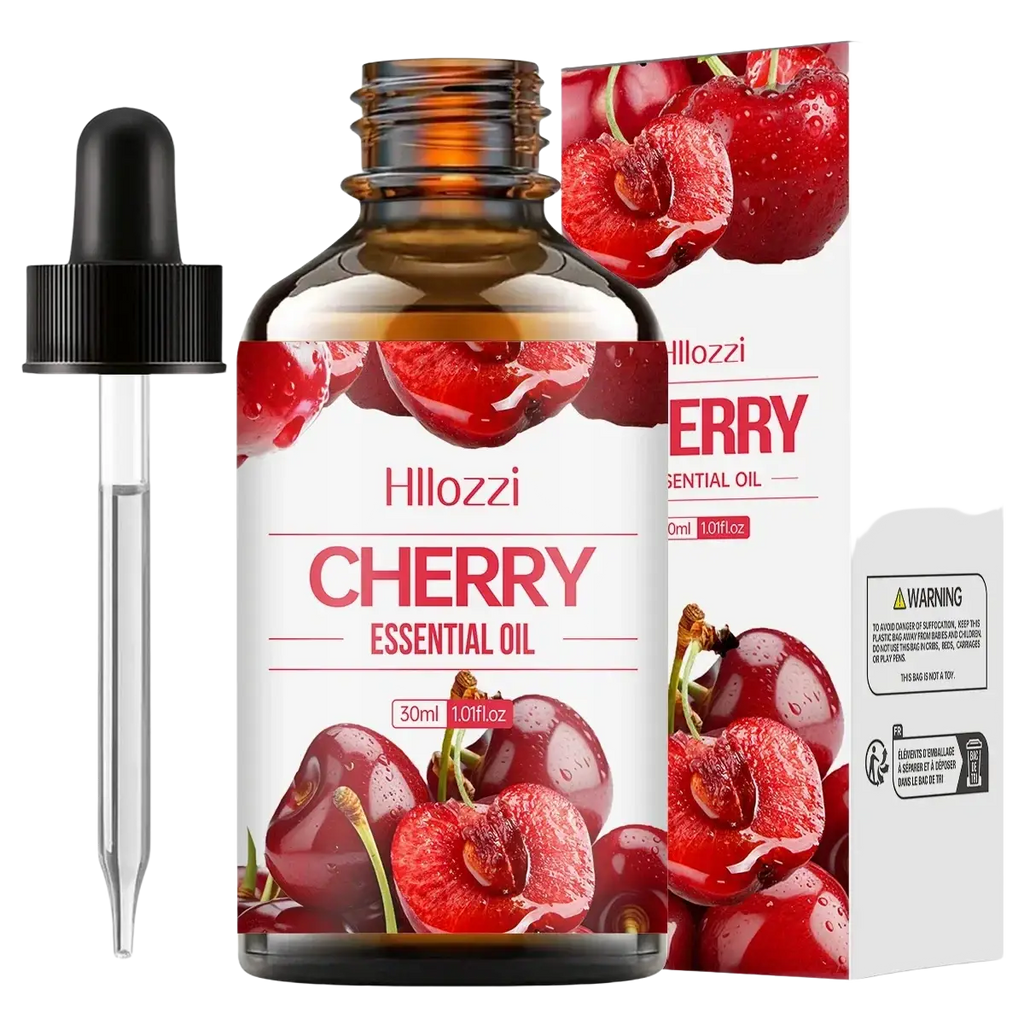 A 30ml amber glass bottle of hillozzi cherry essential oil with black dropper cap for skin care use