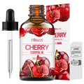 A 30ml amber glass bottle of hillozzi cherry essential oil with black dropper cap for skin care use