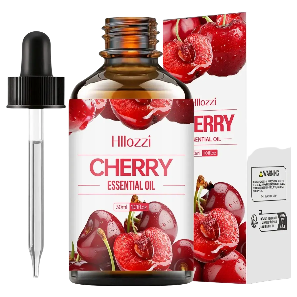 A 30ml amber glass bottle of hillozzi cherry essential oil with black dropper cap for skin care use