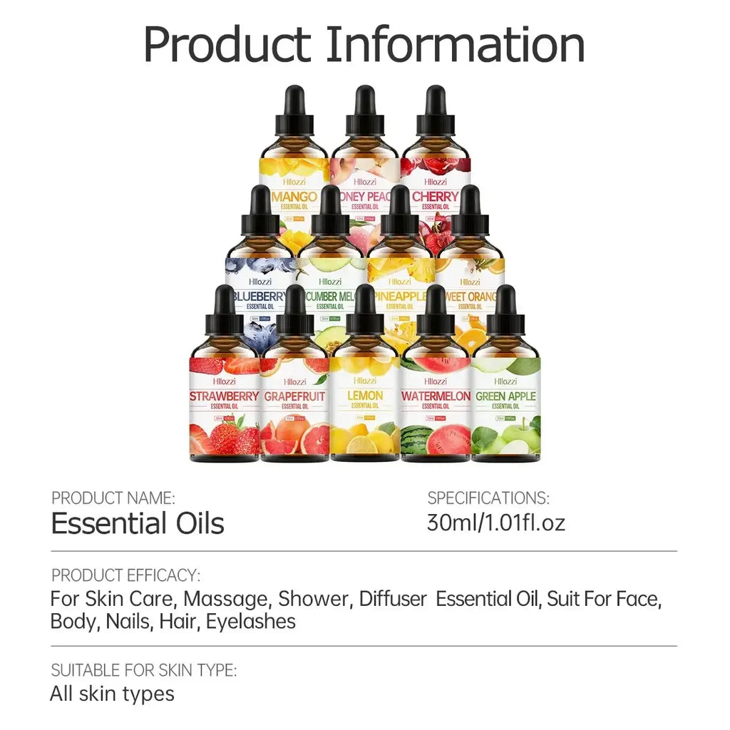 A set of amber glass essential oil bottles with black droppers labeled with fruit scents for skin care use