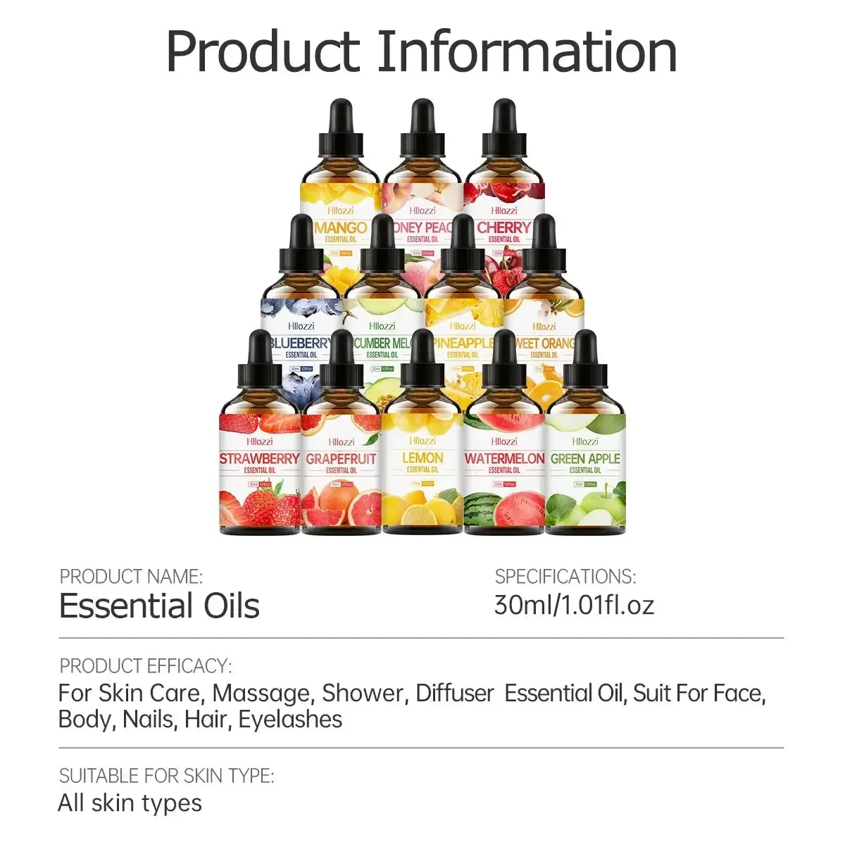 A set of amber glass essential oil bottles with black droppers labeled with fruit scents for skin care use