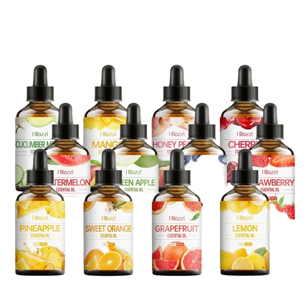 A collection of Hillozzi essential oil bottles in amber glass with black droppers and fruit-themed labels for skin care