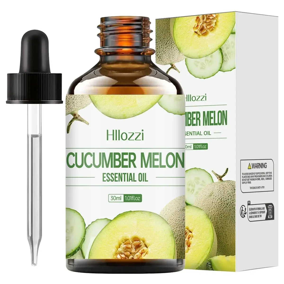 Hillozzi cucumber melon essential oil in a 30ml amber glass bottle with black dropper for skin care use