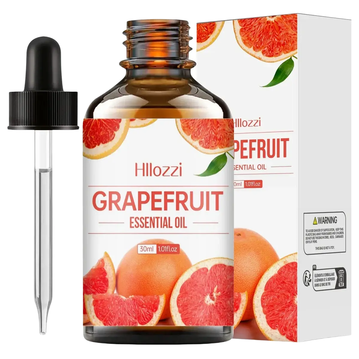 Hillozzi grapefruit essential oil in 30ml amber glass bottle with black dropper for skin care use in essential oil set