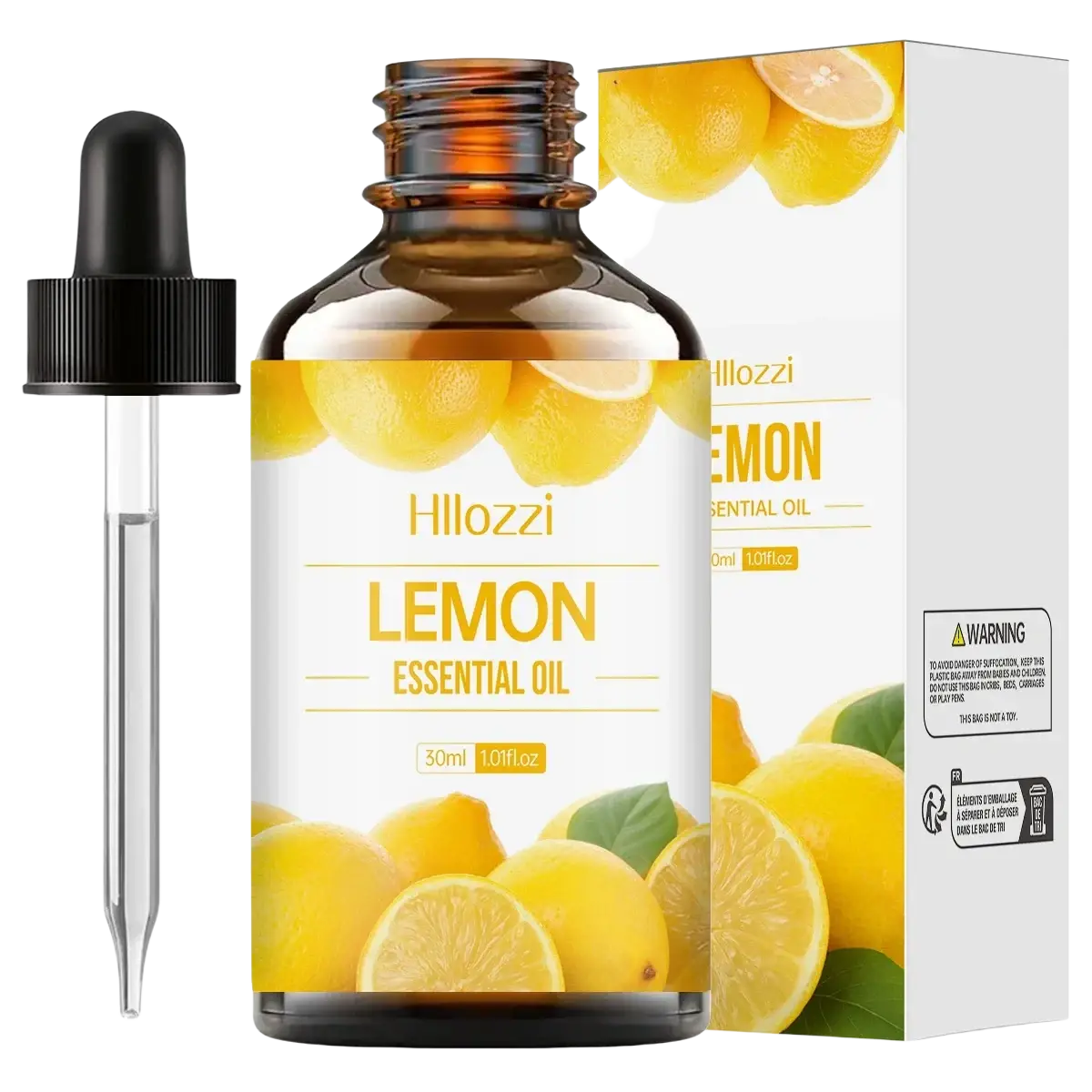 Hillozzi lemon essential oil in 50ml amber glass bottle with black dropper for skin care fruit set