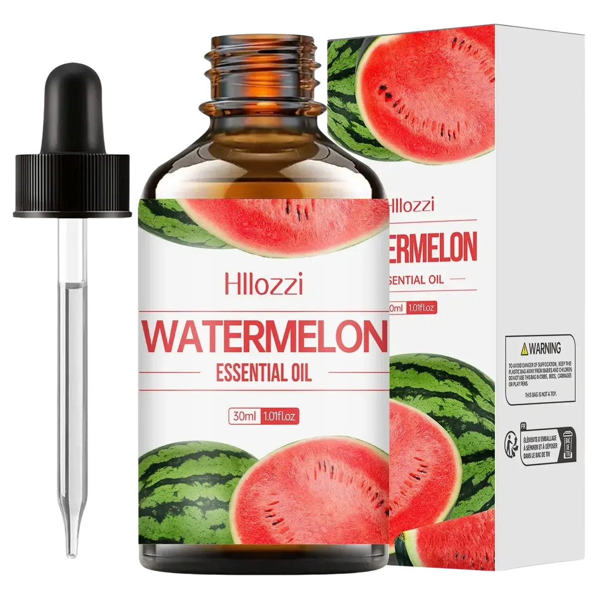 Hillozzi 30ml amber glass bottle of watermelon essential oil with black dropper for skin care fruit set