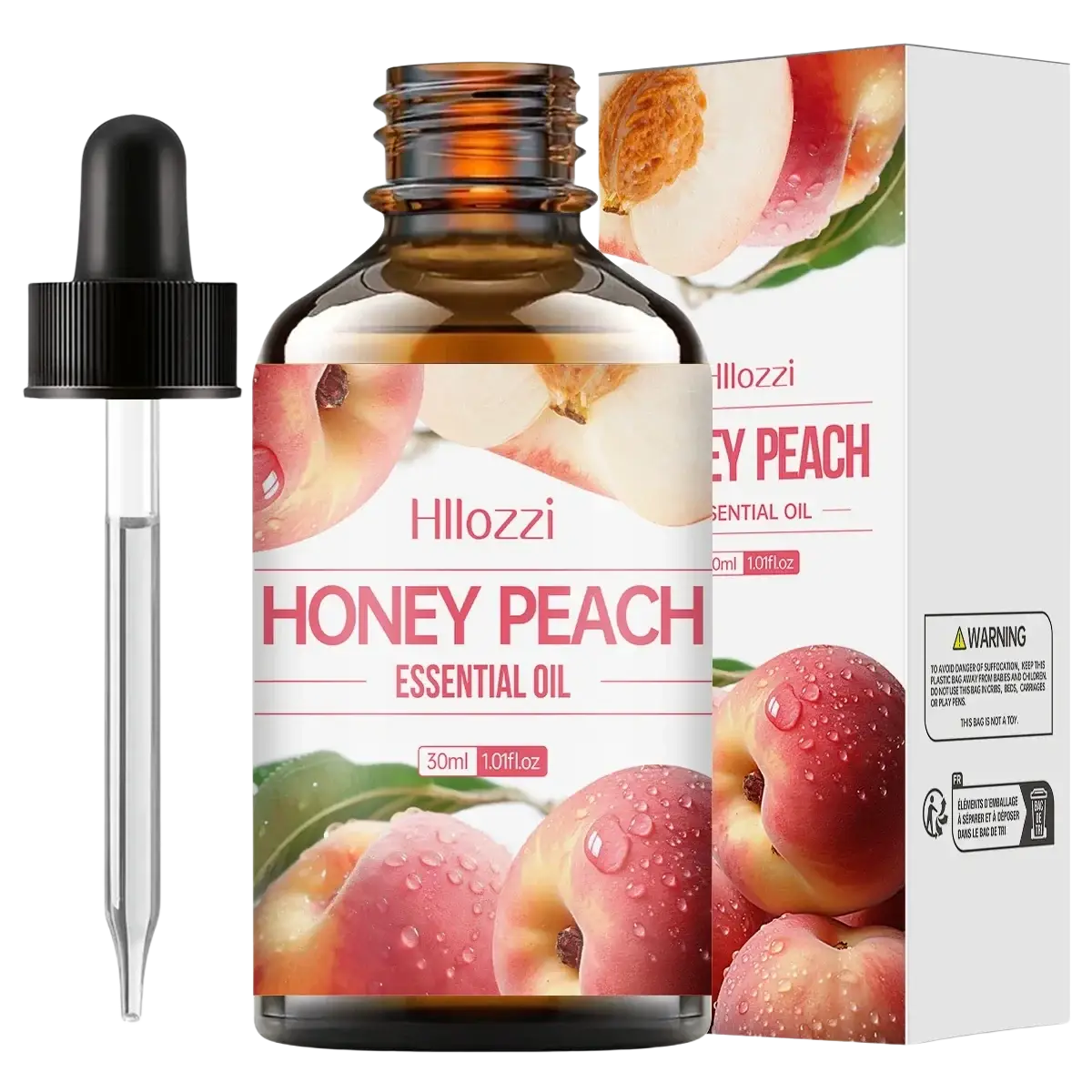 Hillozzi honey peach essential oil 30ml amber glass bottle with black dropper for skin care fruit set