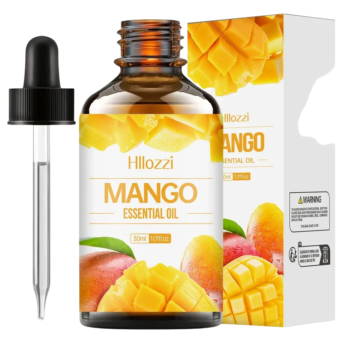 Hillozzi mango essential oil in a 30ml amber glass bottle with black dropper for skin care use