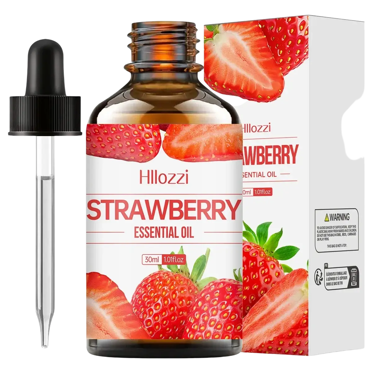 Hillozzi strawberry essential oil in a 30ml amber glass bottle with black dropper for skin care use