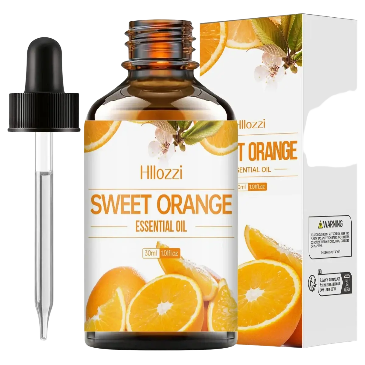 Hillozzi sweet orange essential oil in a 30ml amber glass bottle with black dropper for skin care use