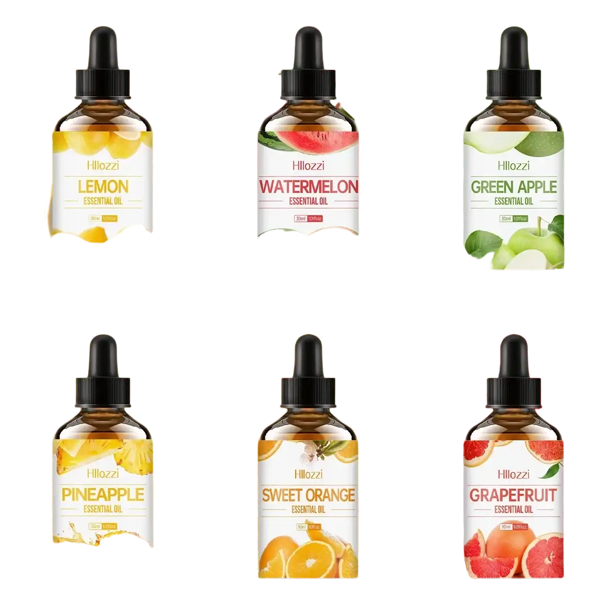 Six amber glass essential oil bottles with black droppers labeled hillozzi fruit flavors for skin care use