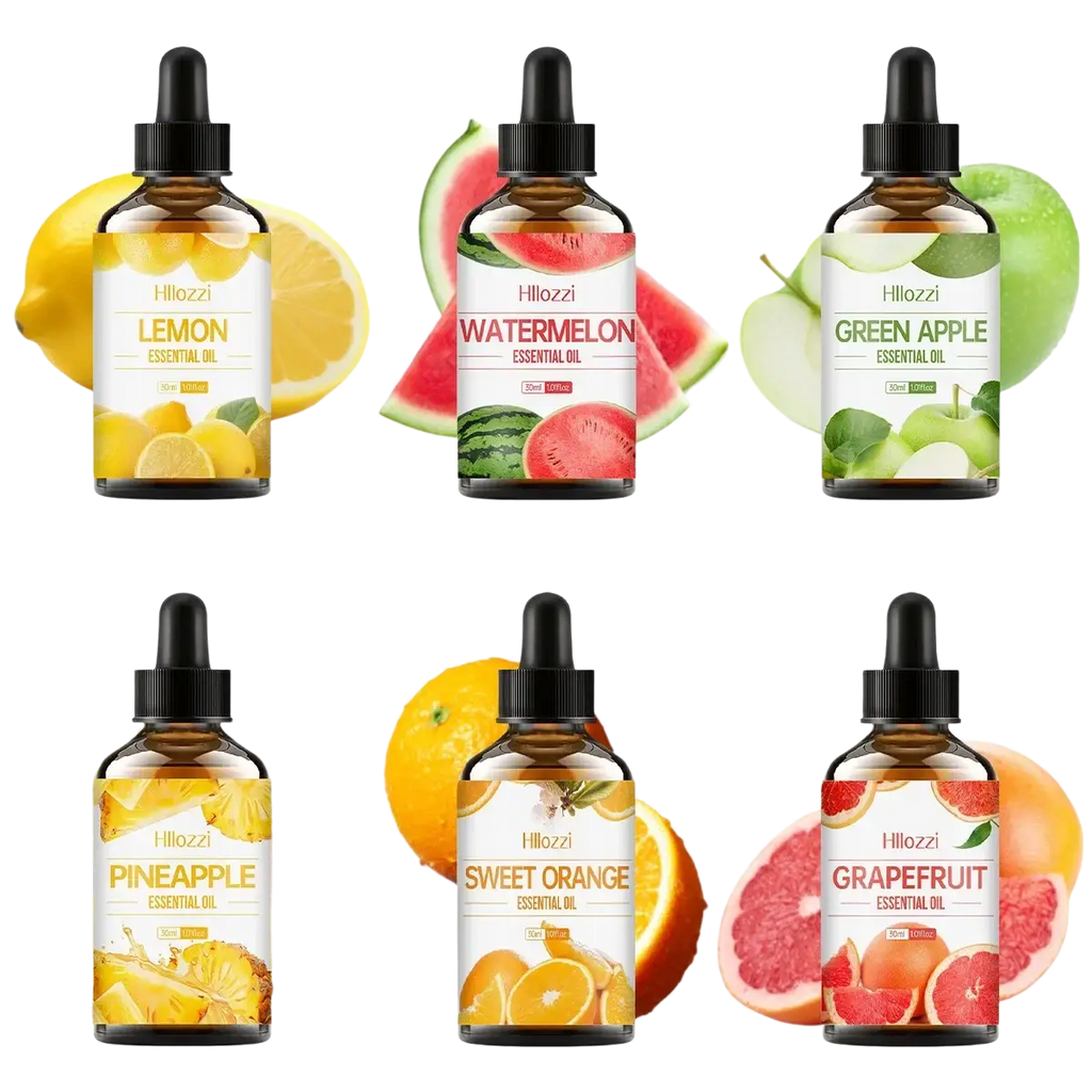 Six amber glass essential oil bottles with black droppers labeled hillozzi fruit flavors for skin care use