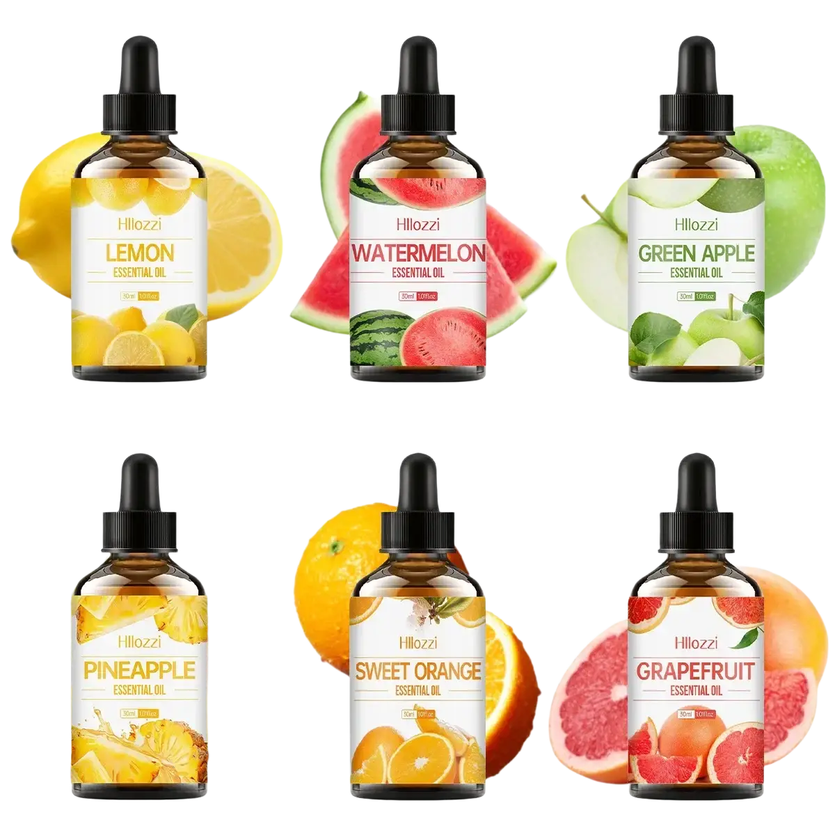 Six amber glass essential oil bottles with black droppers labeled hillozzi fruit flavors for skin care use