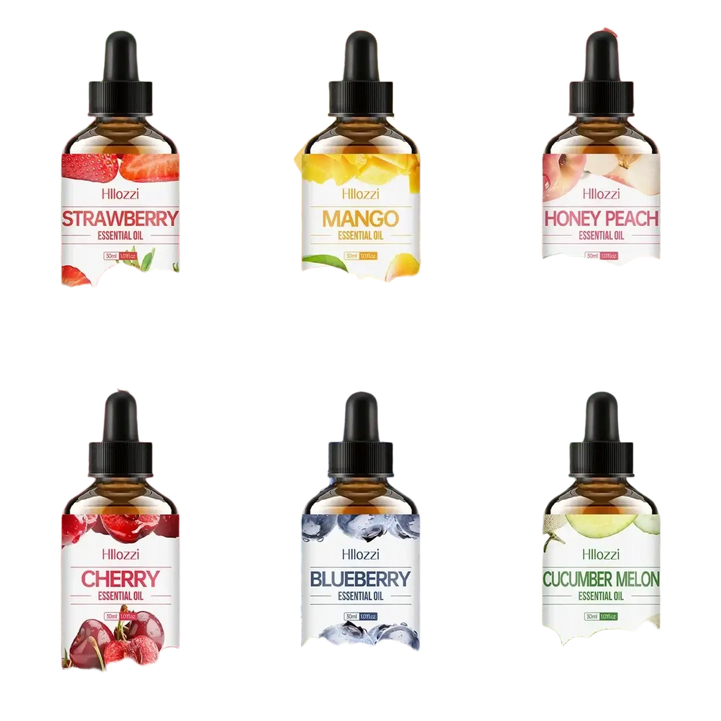 Six glass bottles of hillozzi essential oil with black dropper caps featuring fruit scents for skin care use