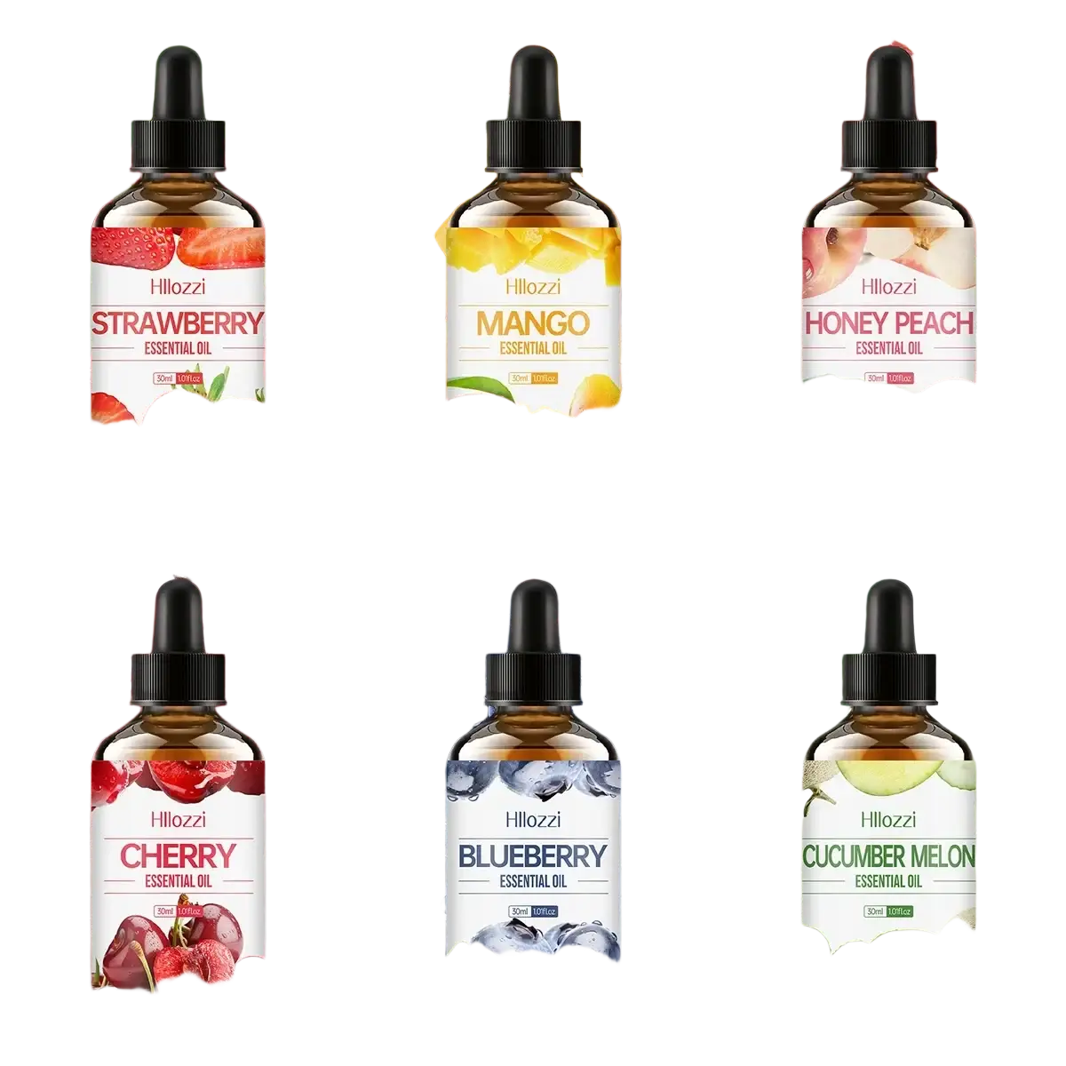 Six glass bottles of hillozzi essential oil with black dropper caps featuring fruit scents for skin care use