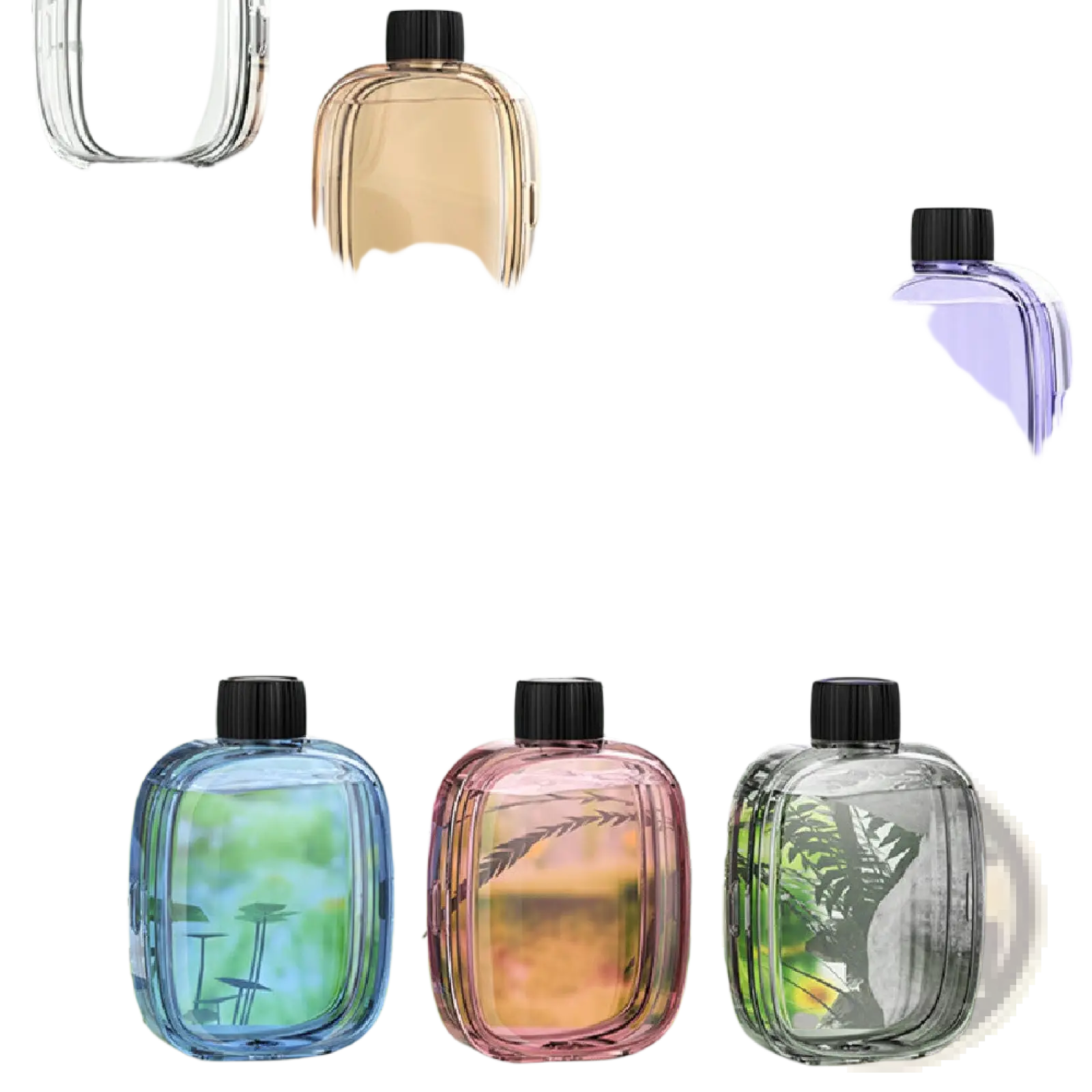 Colorful rectangular glass bottles with black caps and embossed leaf designs for essential oil refill 50ml V01pro diffuser