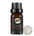 Dark amber glass essential oil bottle with black ribbed cap labeled therapeutic-grade cypress for aromatherapy use