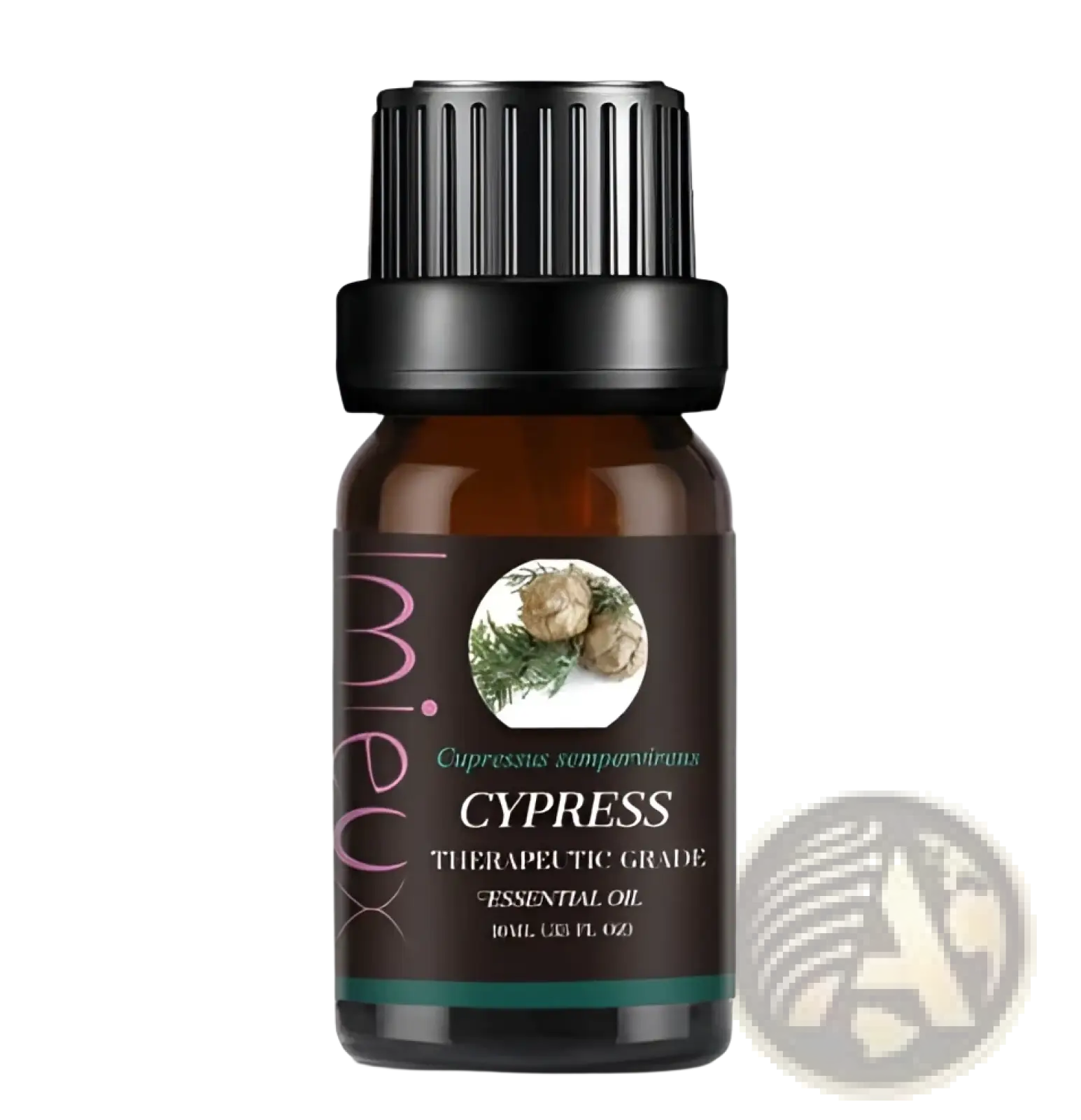 Dark amber glass essential oil bottle with black ribbed cap labeled therapeutic-grade cypress for aromatherapy use