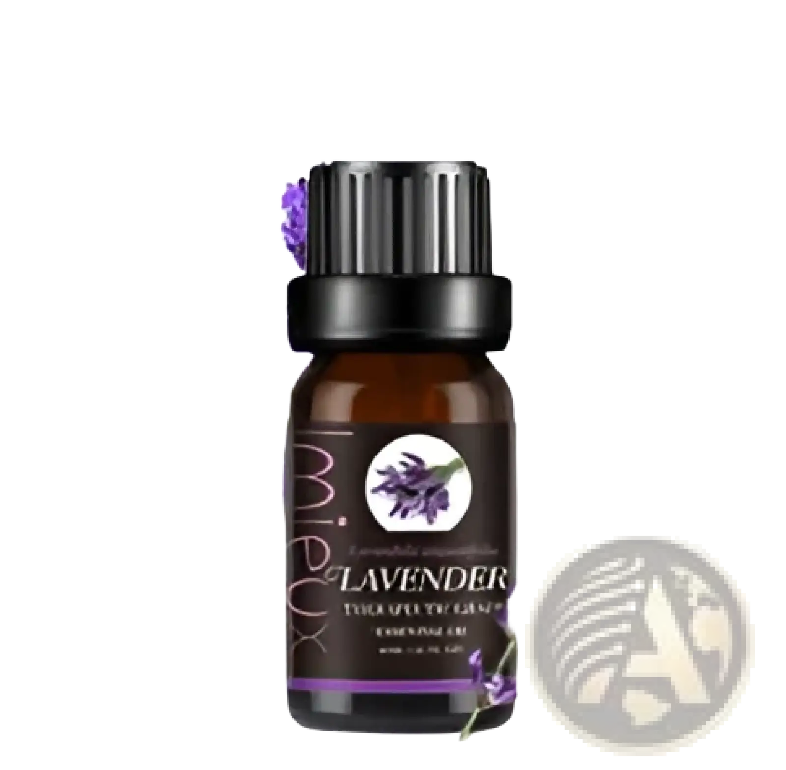 A dark amber glass bottle with black cap and lavender label containing 10ml pure lavender essential oil