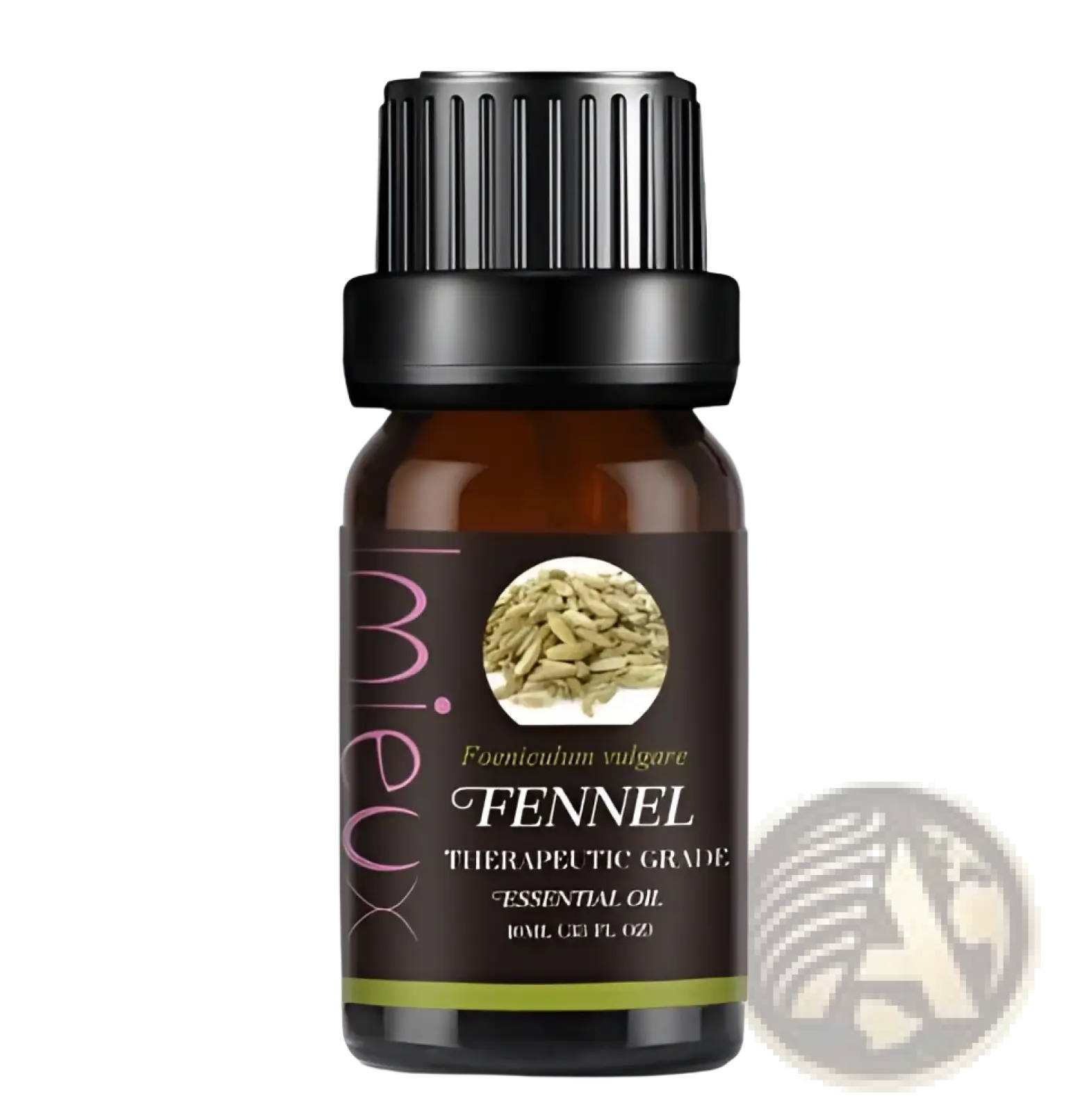 A dark brown glass bottle with black ribbed cap labeled fennel essential oil for pure aromatherapy use 10ml
