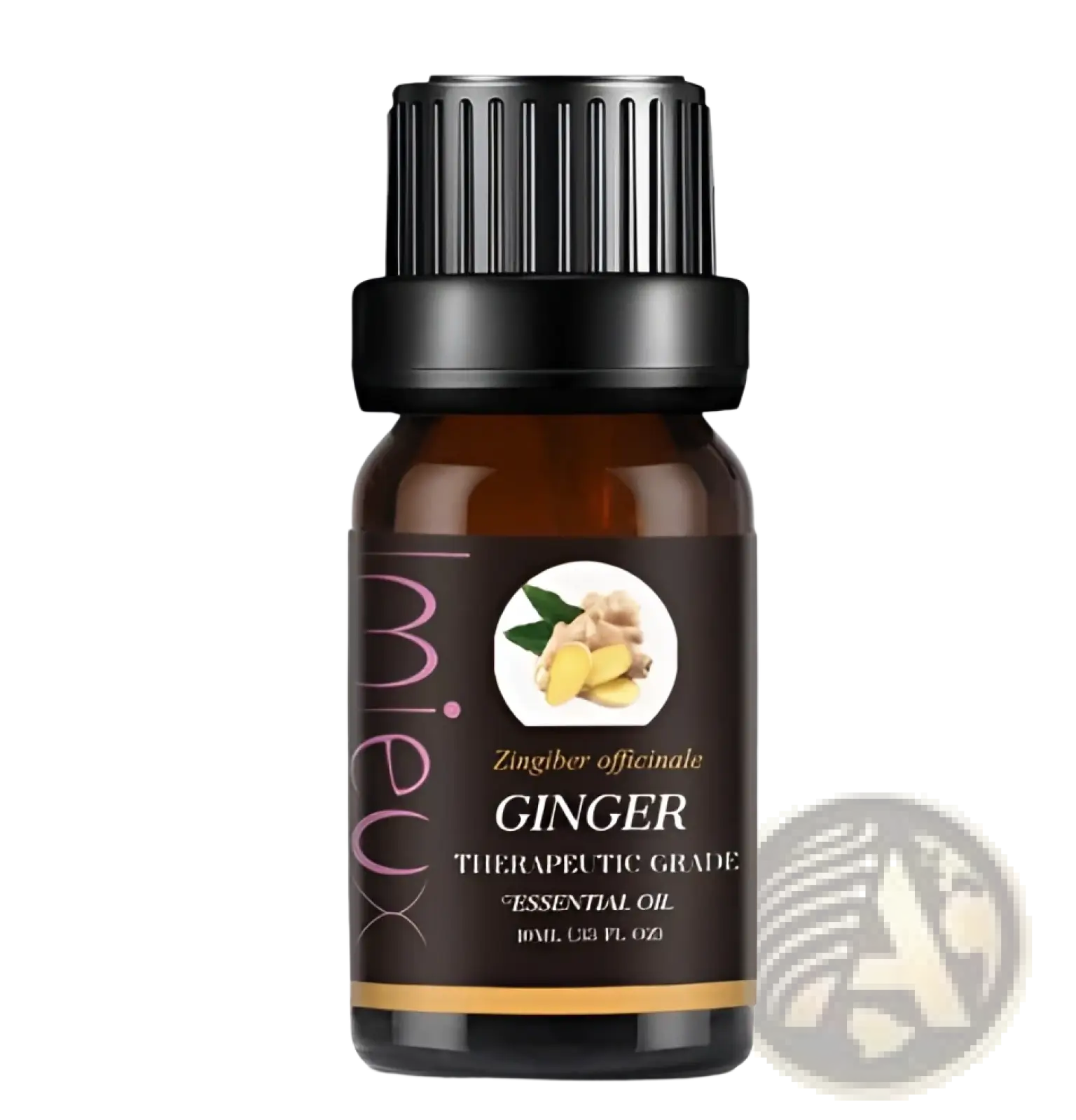 Dark amber glass bottle with black ribbed cap containing ginger therapeutic grade essential oil next to ginger slices