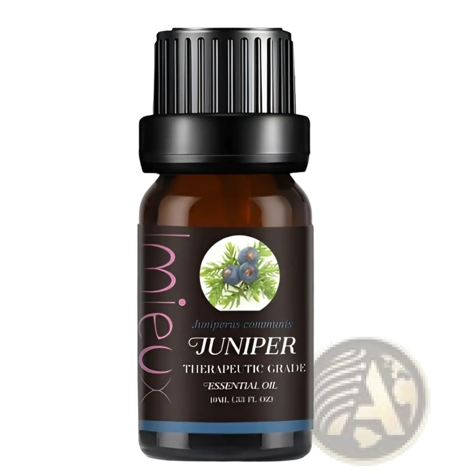 Dark amber glass essential oil bottle with black cap labeled juniper with juniper berries illustration 10ml pure aromatherapy