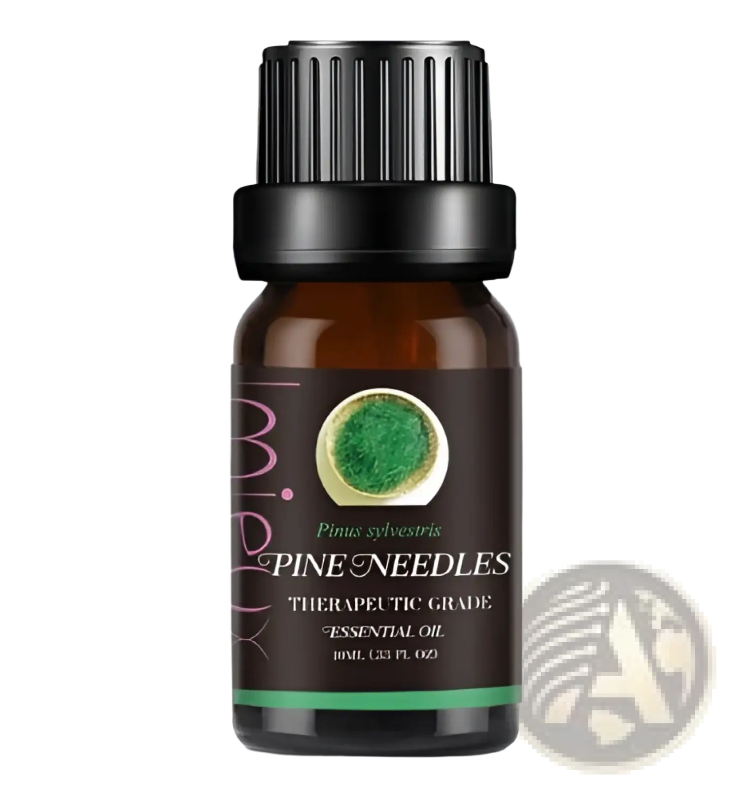 A dark amber glass bottle with a black cap labeled pine needles therapeutic grade essential oil in a 10ml set
