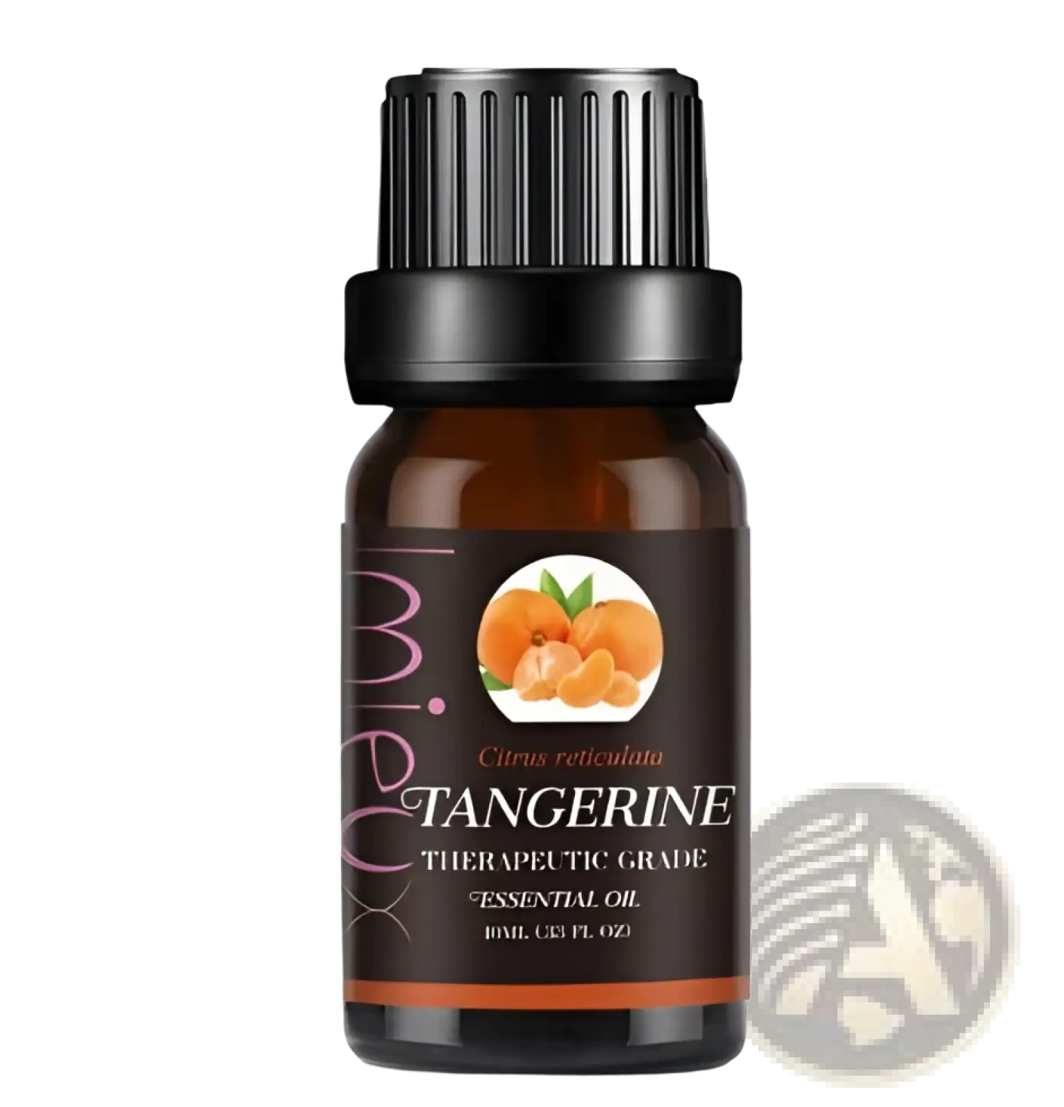 A dark amber glass bottle with black ribbed cap labeled tangerine therapeutic grade essential oil in a 10ml aromatherapy set