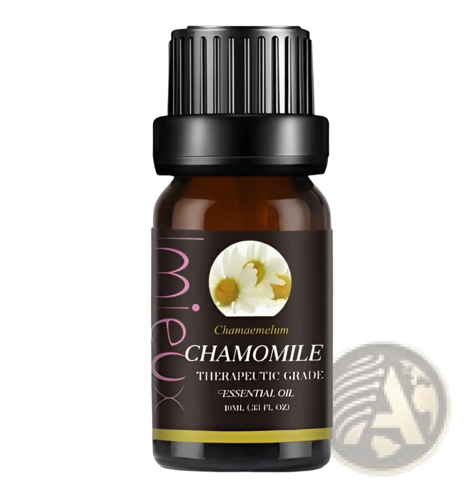 A dark amber glass bottle with black ribbed cap containing chamomile therapeutic grade essential oil for aromatherapy